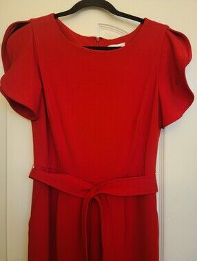 Calvin Klein Red Jumpsuit w/ Belt, Size 8 - Wide Leg, Round Neck, Flutter Sleeve